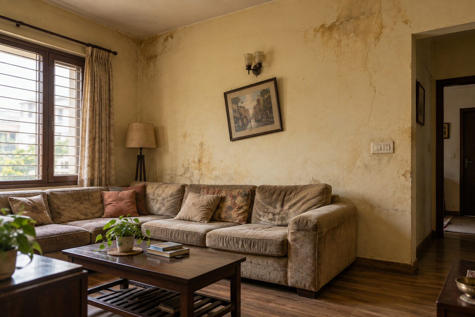 Living room before painting, dull faded walls